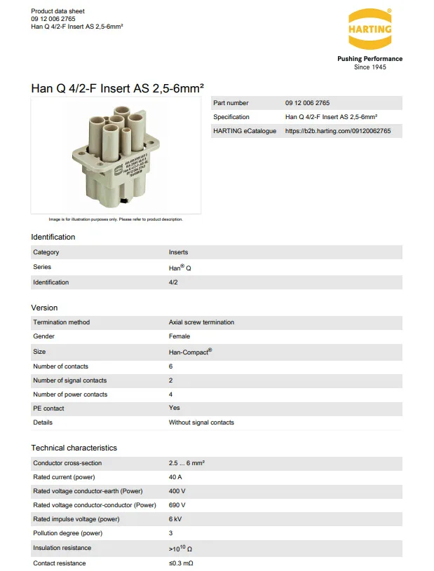 09120062765 HARTING 40A6-pin female ferrule axial bolt wiring