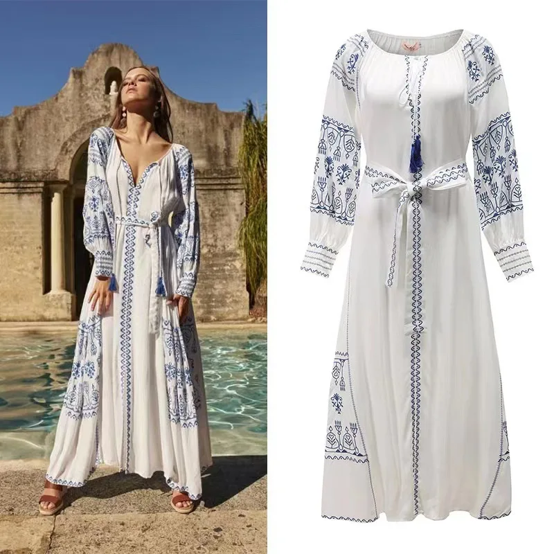 

Careaymade-Maxi Dress Women Summer Fall Long Sleeve Embroidery Vintage Long Dress Boho Beach Hippie Loose Vestidos Mujer