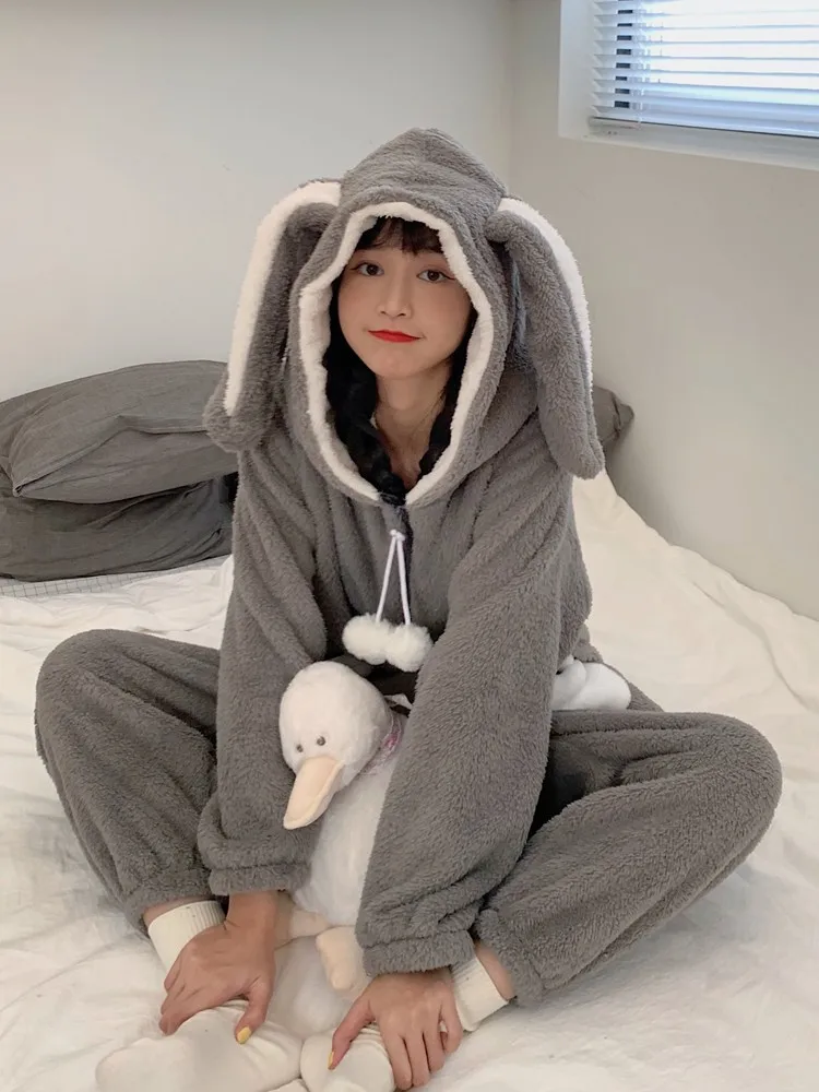 Sweet Gray Hooded Bodysuit Role Playing Anime Cartoon Rabbit Costume Cute Winter Warm Plush Pajamas Couple Home Clothes Set Suit