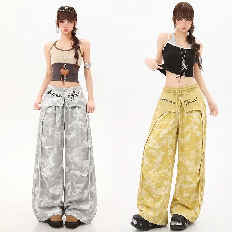 Y2K Alt Egirl Camo Wide Leg Cargo Pants Fake Flap Pocket Letter Drawstring High Waist Baggy Women Street Casual Trousers Gray