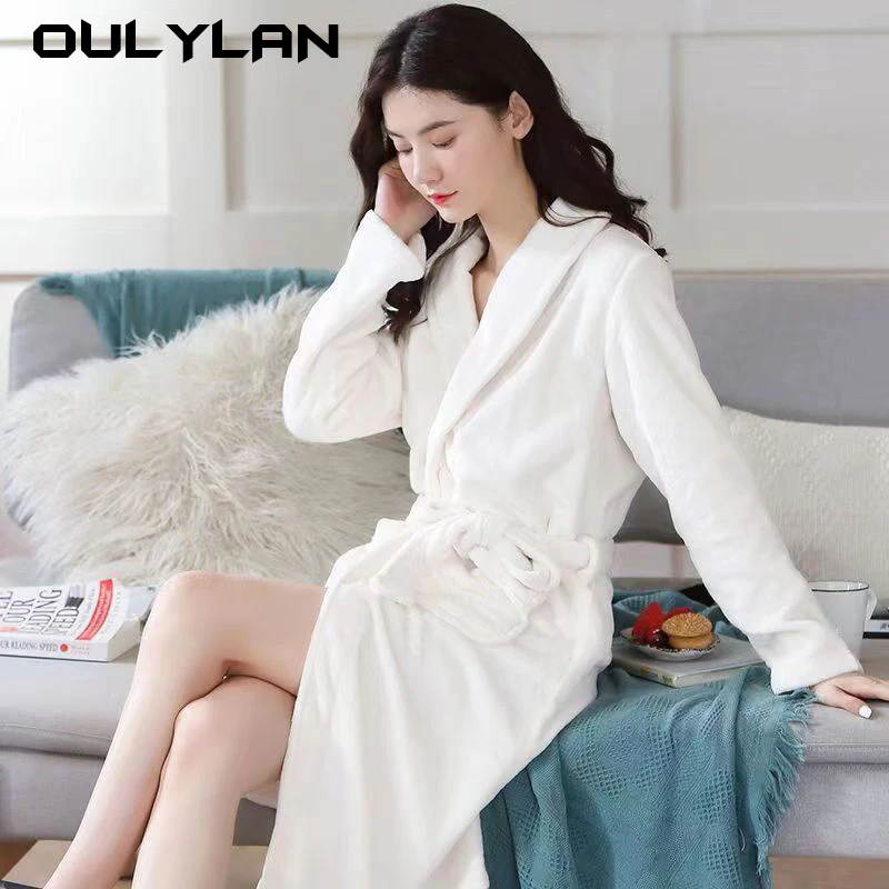 Oulylan Flannel Loose Woolen Elastic Waistband And Nightdress Winter Home Pajama Nightgown Waist Warm Casual Robe Autumn Women