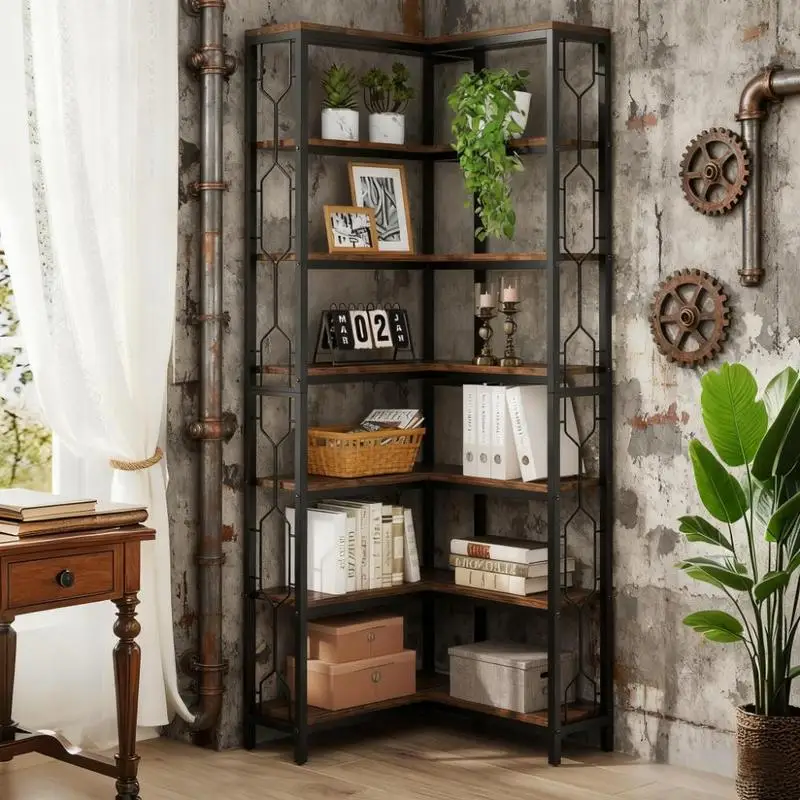 

78.7 Inch Tall 7-Tier Industrial Corner Display Shelf, Perfect for Books and Decor, Space-Saving Design, Sturdy and Stylish
