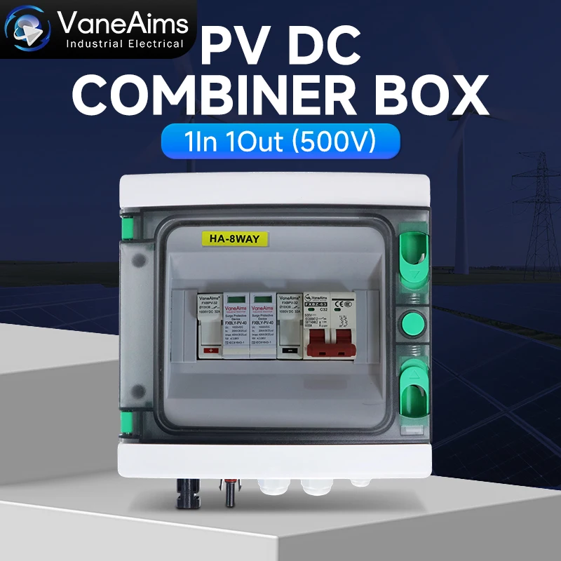 

Солнечная фотоэлектрическая фотоэлектрическая объединительная коробка с молниезащитой 1 вход 1 выход DC 500 В предохранитель MCB SPD Водонепроницаемая выключательная коробка IP65