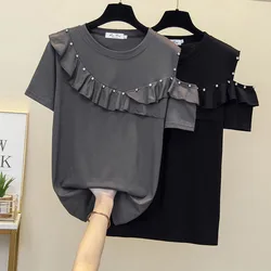 Diamanti Applique donna t-shirt in cotone 2023 manica corta brillante strass Tshirt femminile o-collo fiocco moda nero grigio Top