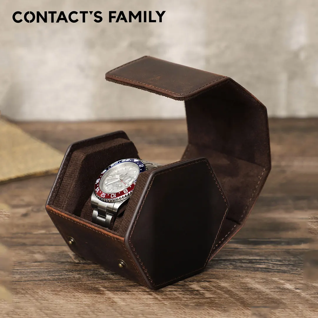 

CONTACT'S FAMILY Cowhide Leather Luxury Single Watch Storage Case Handmade Retro Travel Portablel Watch Holder with Pillow