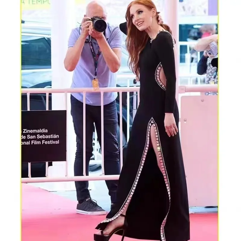 

QHZ Designer Fashion Vintage Party Dress woman Long sleeved Hollowing waist rivet high-quality Slim black High slit Long dress