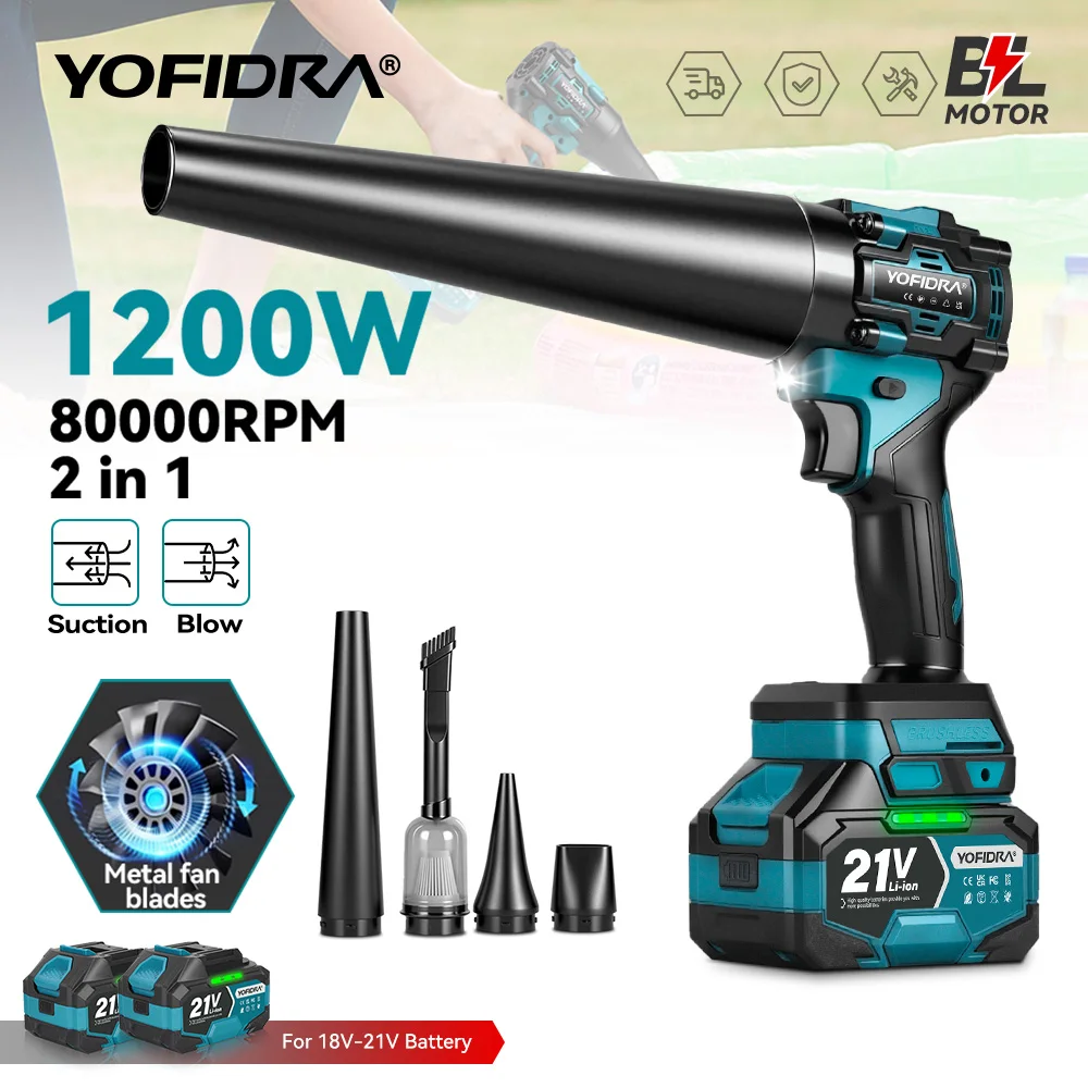 Image of YOFIDRA 80000RPM Bürstenloser 2-in-1 Elektrischer Turbolüfter Kabelloses Gebläse & Sauger für Blätter, Schnee und Staub, Kompatibel mit Makita-Akkus