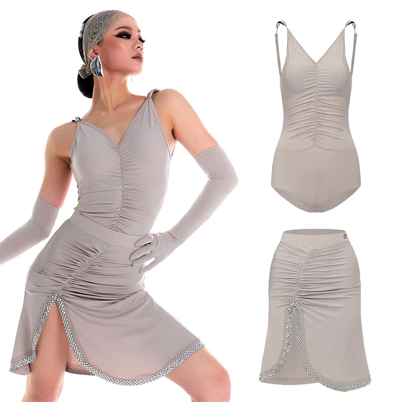 

2026 DUYQ Серый комбинезон-платье для латиноамериканских танцев с V-образным вырезом, юбка для ча-ча-ча, румбы, латинских танцев, костюм для выступлений и соревнований DN23048