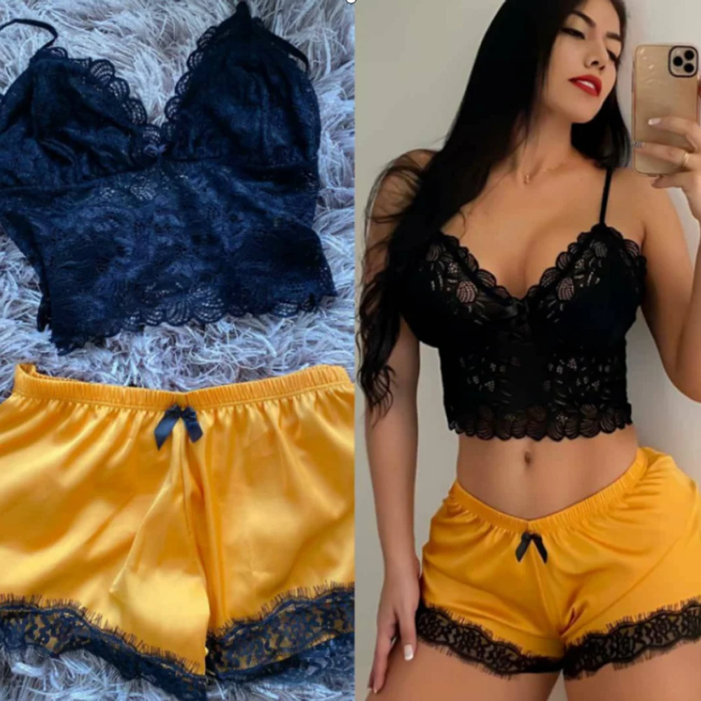 

Women Pajamas Set 2pcs Lace Hollow Tank Top Sleeveless Elastic Waist Shorts Summer Breathable Suits Female Sensual Nightwear