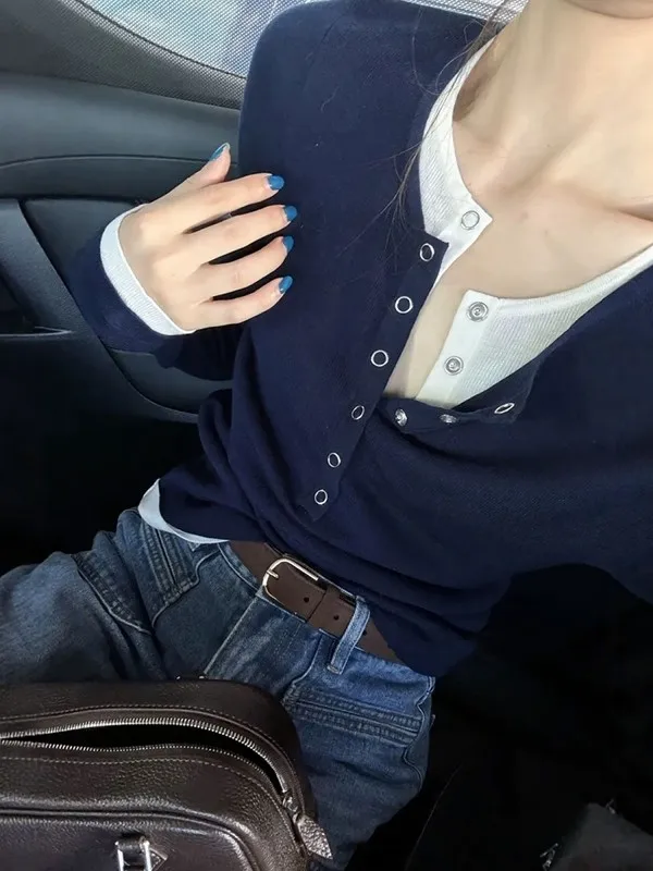 Slim Fit Blue Henry Collar Long Sleeve T-Shirt Women Early Spring Design Base Layer Shirt Inner Wear Top Daily Pure Color