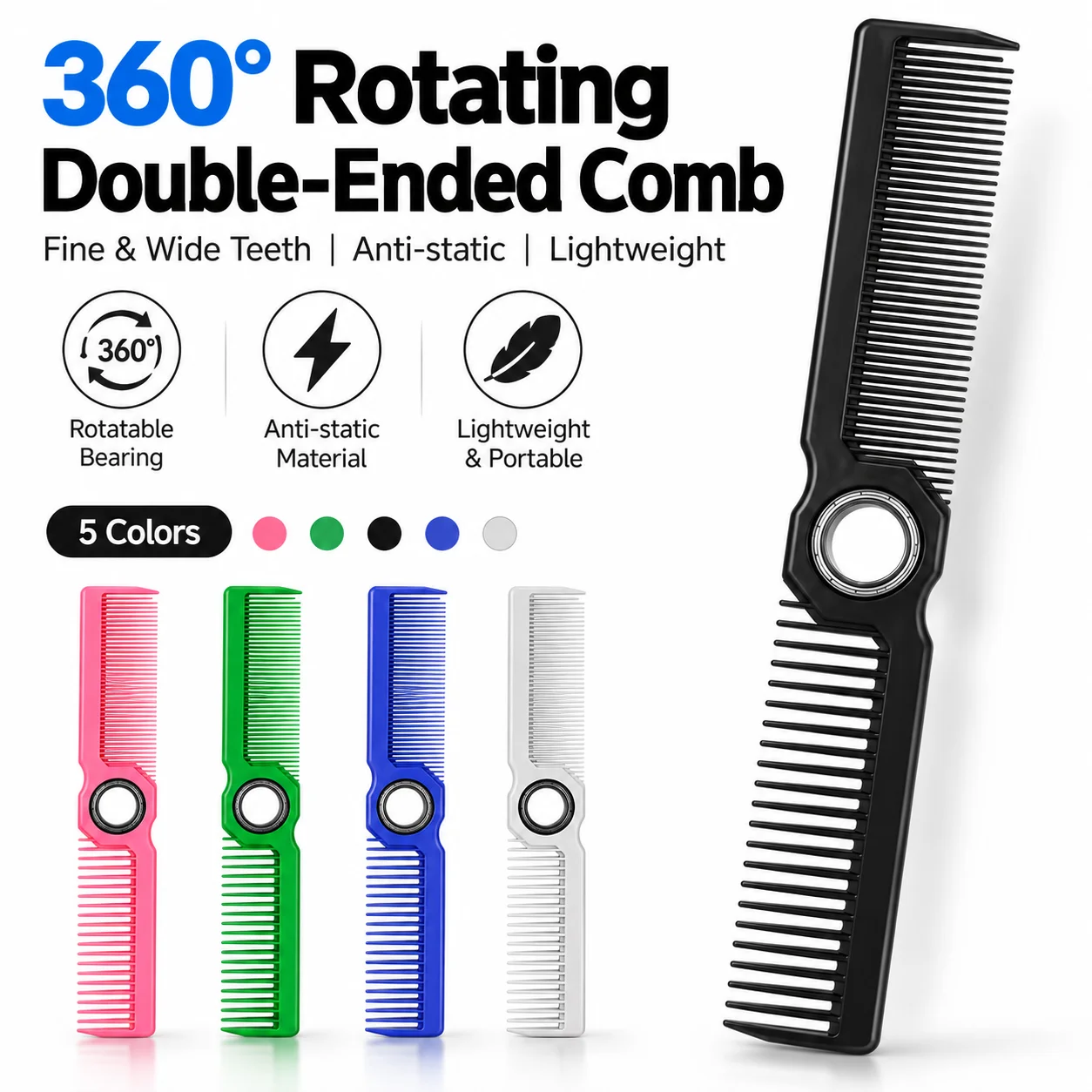 Dual-Sided Spinning Barber Comb Wide Fine Tooth Smooth Haircut Tool Styling Comb for Professional Fade Hair