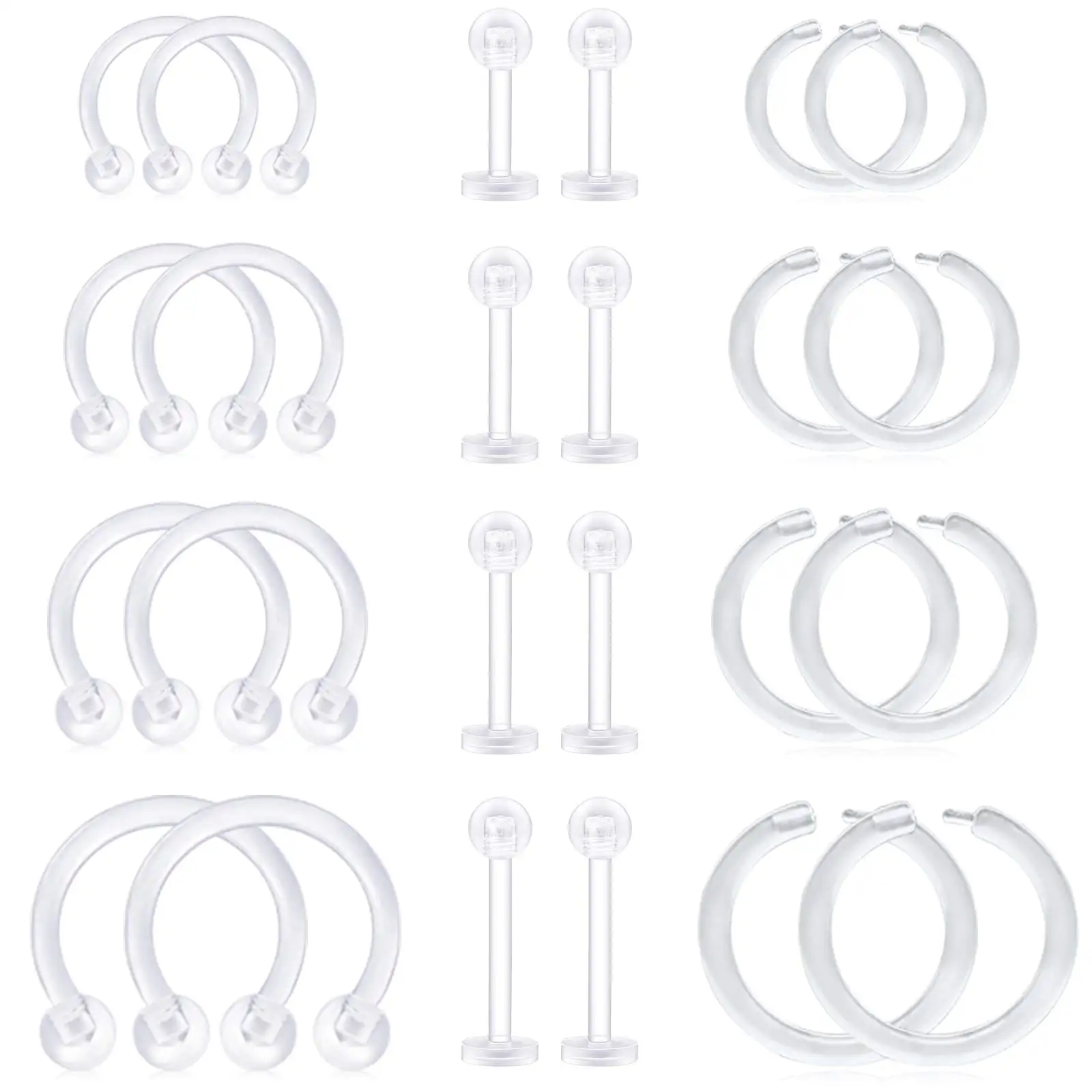 24PCS 16G Clear Piercing Flexible Cartilage Helix Tragus Earring Retainer Bioflex Plastic Nose Septum Lip Eyebrow Rings