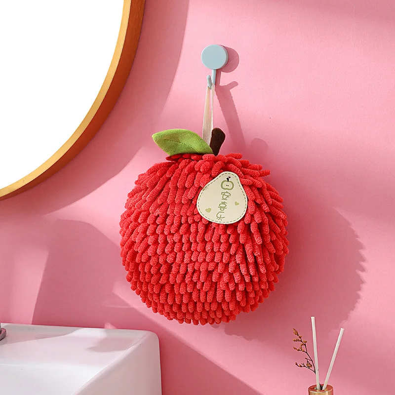 Cute Chenille Hand Towel Kitchen Bathroom Red Hand Ball with Hanging Loop Quick Drying Soft Absorbent Towel Home Tool