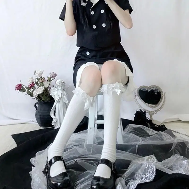 

Women Lace Ruffle Frilly Knee High Socks Sweet Bowknot Summer Stretch Solid Color Long Stockings Hosiery