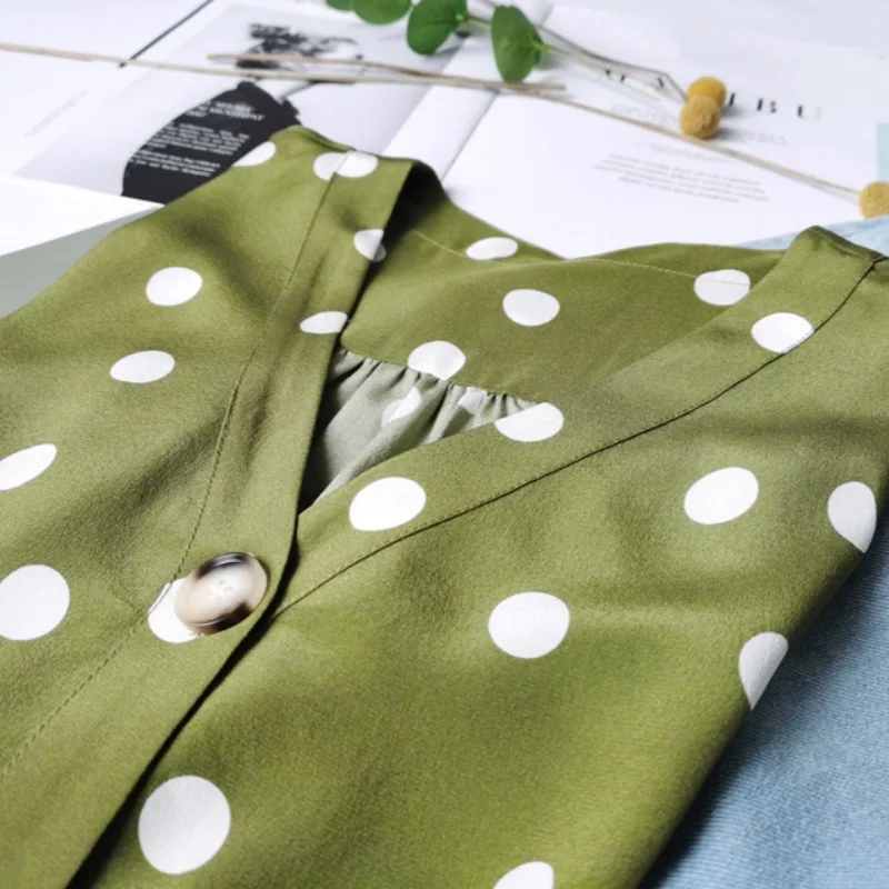 Birdtree, chemisier 100% soie de mûrier, hauts à col en v imprimés à pois pour femmes, manches lanternes, simple boutonnage, nouvelle chemise décontractée 2025 T5D407JF