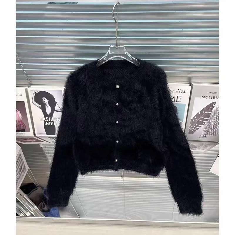 High Quality Black Mink Fur Cardigan Women's Autumn Winter New Style Loose And Slim Short Knitted Sweater Top