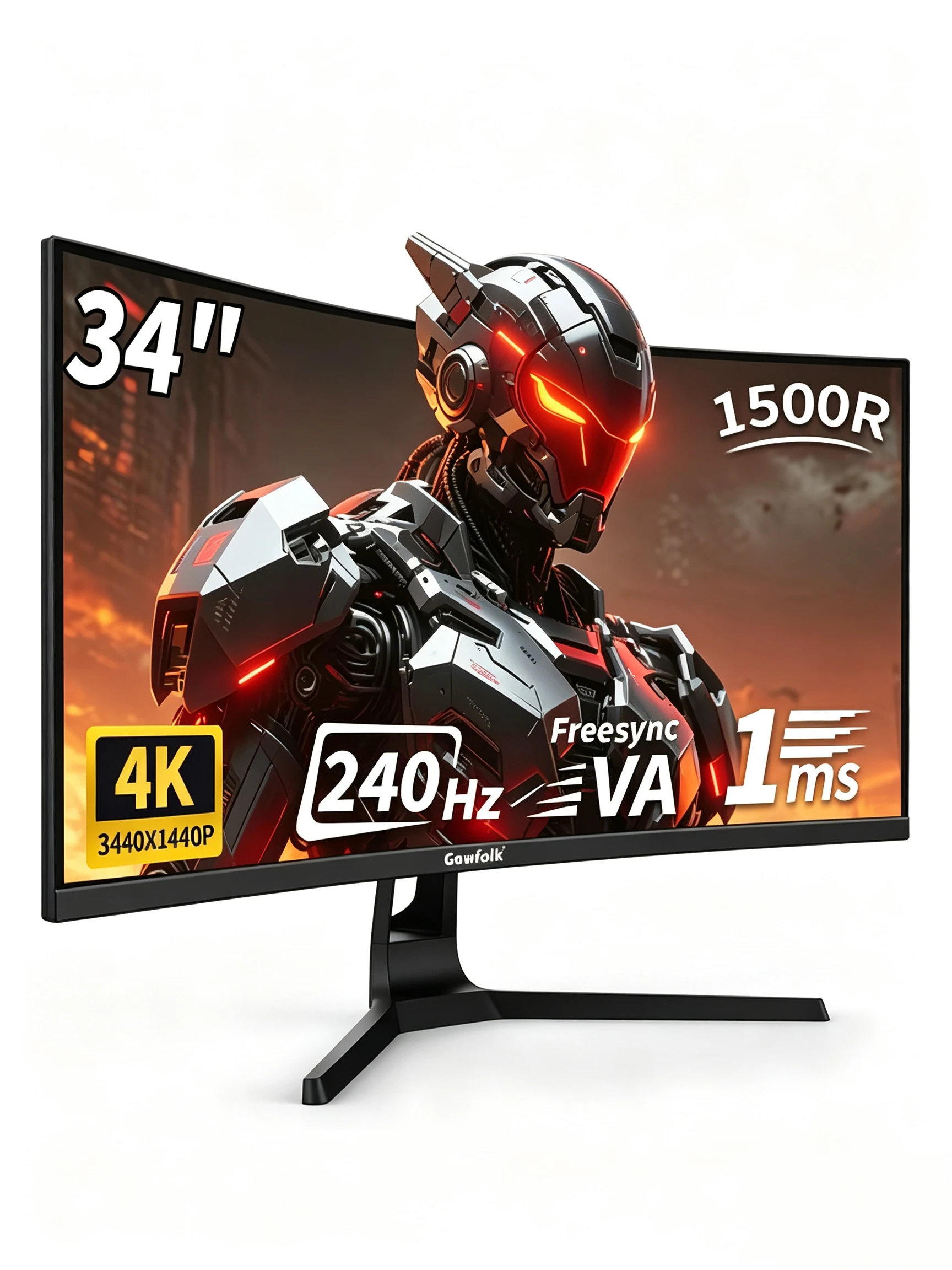 Gawfolk 34-Zoll-Curved-Gaming-Monitor, 3440x1440, UW-QHD, VA-Panel, 240 Hz, 1 ms, 1500R, FreeSync, UltraWide-Computerbildschirm für PC-Gaming.