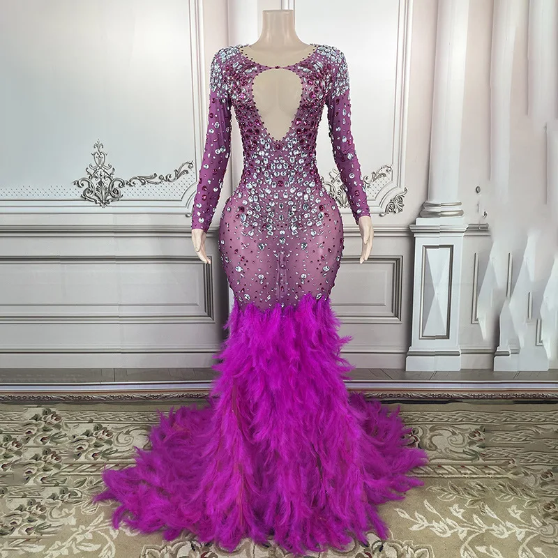 فستان ريش الماس الأرجواني للربيع/الصيف موضة أنيقة ريشة زائدة حورية البحر الكرة فستان سهرة Luxo Elegante Festa Longa