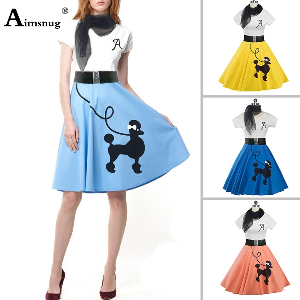 Women Casual Sweet Knee-Length Party Evening Dress 2023 Summer New Patchwork A-line Dresses Ladies Vintage Dog Print Skirt Dress