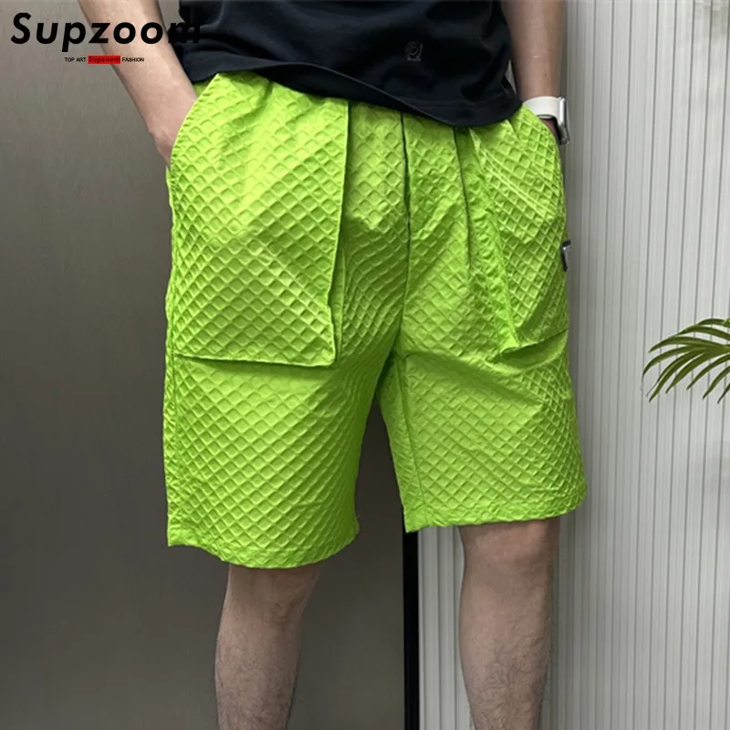 Supzoom New Arrival Top Fashion Summer Loose Casual Belt Design High Street Trendy grid Stitching Pocket Personalized Shorts Men