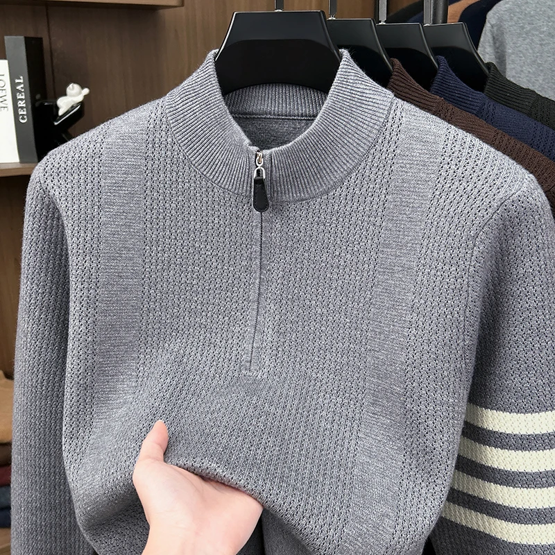 Hochwertiger Herrenpullover Herbst Winter Neuer Reißverschluss Stehkragen Modemarke Klassisches Streifenmuster Koreanischer Casual Jacquard Strickpullover – Detail 15