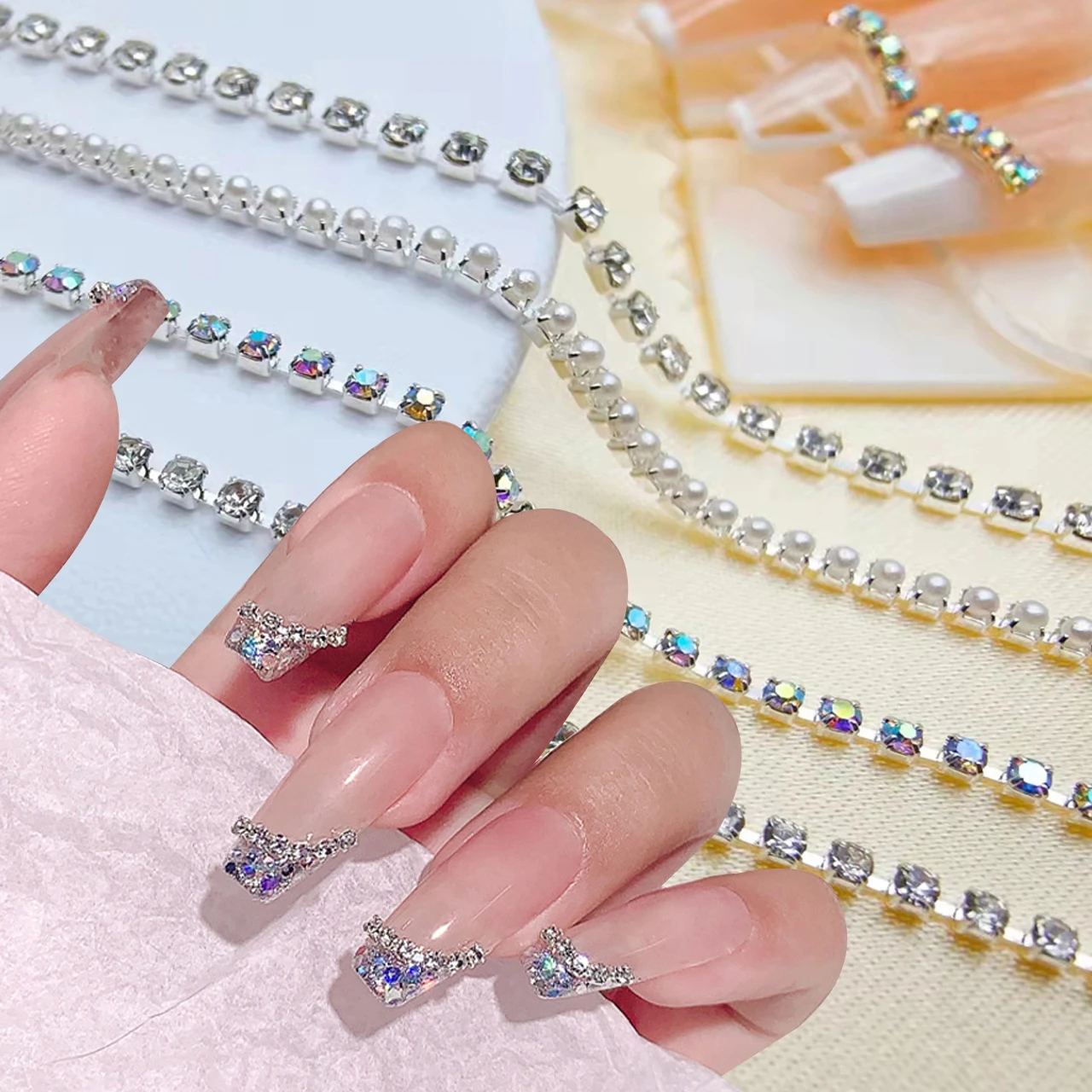 

50cm Nail Rhinestones Chain 1.5mm 2mm Silver AB Colors Stone 3D Nail Art Decoration Metal Steel Chain Charms Luxury Nail Bead
