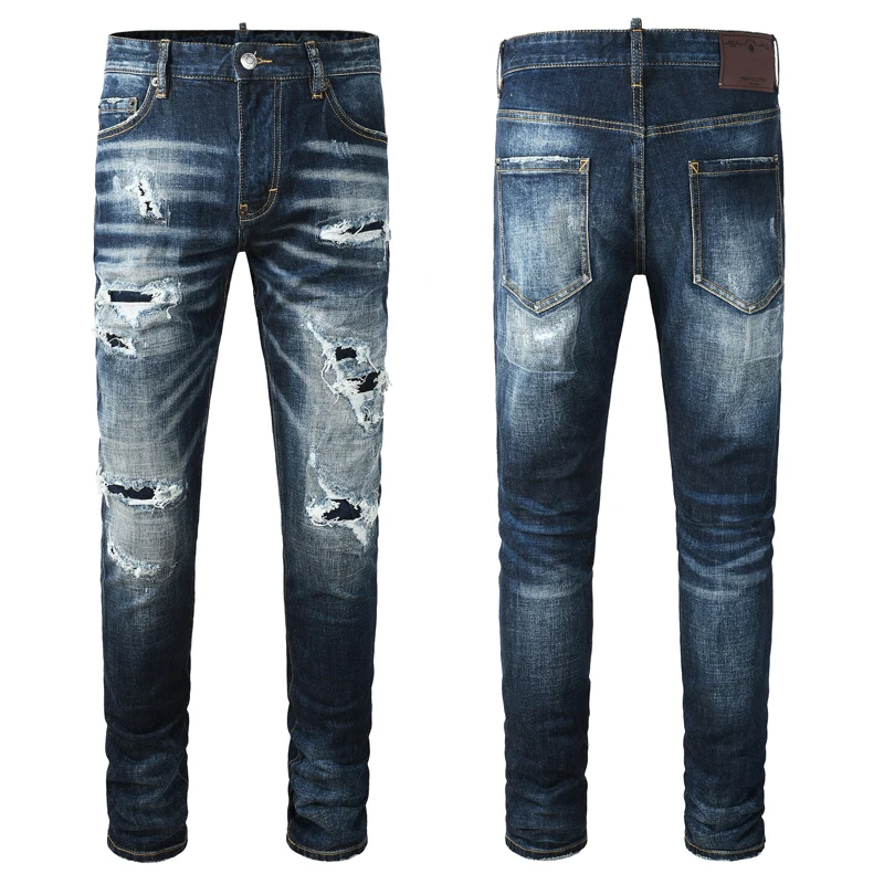 Men Dark Blue Distressed Ripped Patchwork Stretch Slim Skinny Denim Jeans Hip Hop Trendy Street Style Denim Jeans hombre