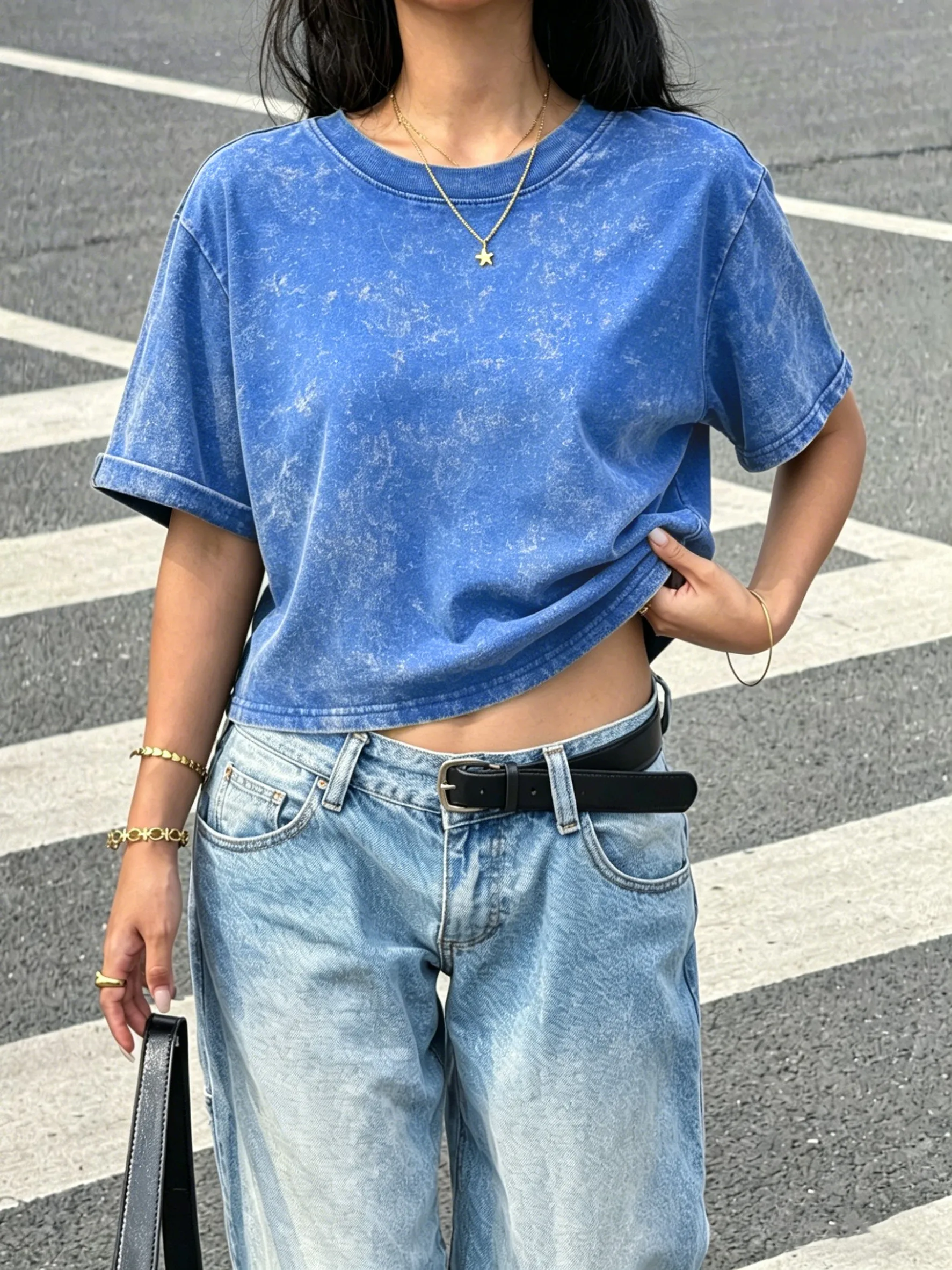 S-2XL Street Washed Damen T-Shirt Lässiges, lockeres, trendiges Crop-Top Hip-Hop Retro Y2K Kurzarm Jugend All-Match Coole Kleidung