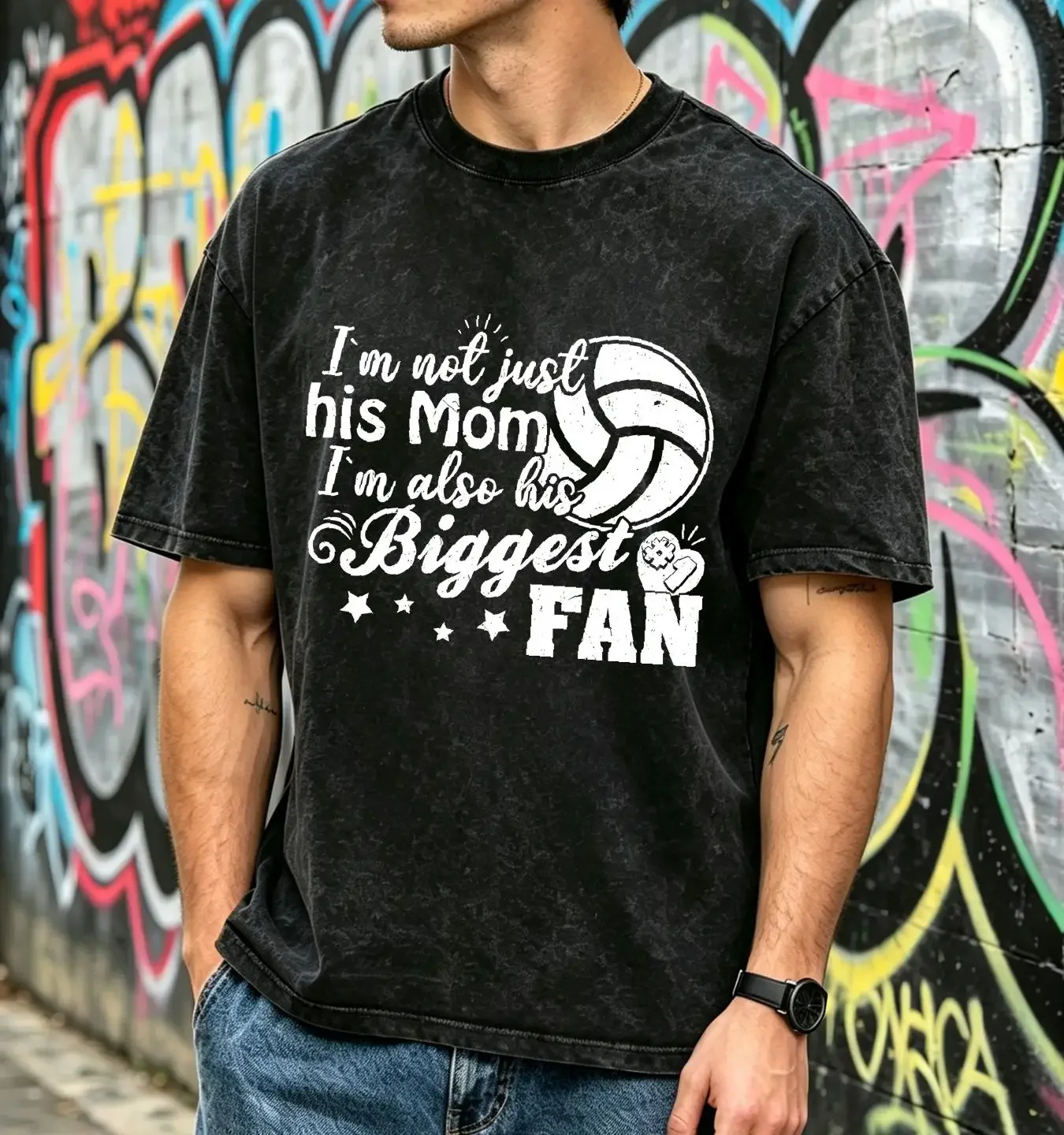 washed T Shirt I'm Not Just His Mom Also Biggest Fan Voleyball Ladies' Crewneck vintage Washed graphic Stretched fashion