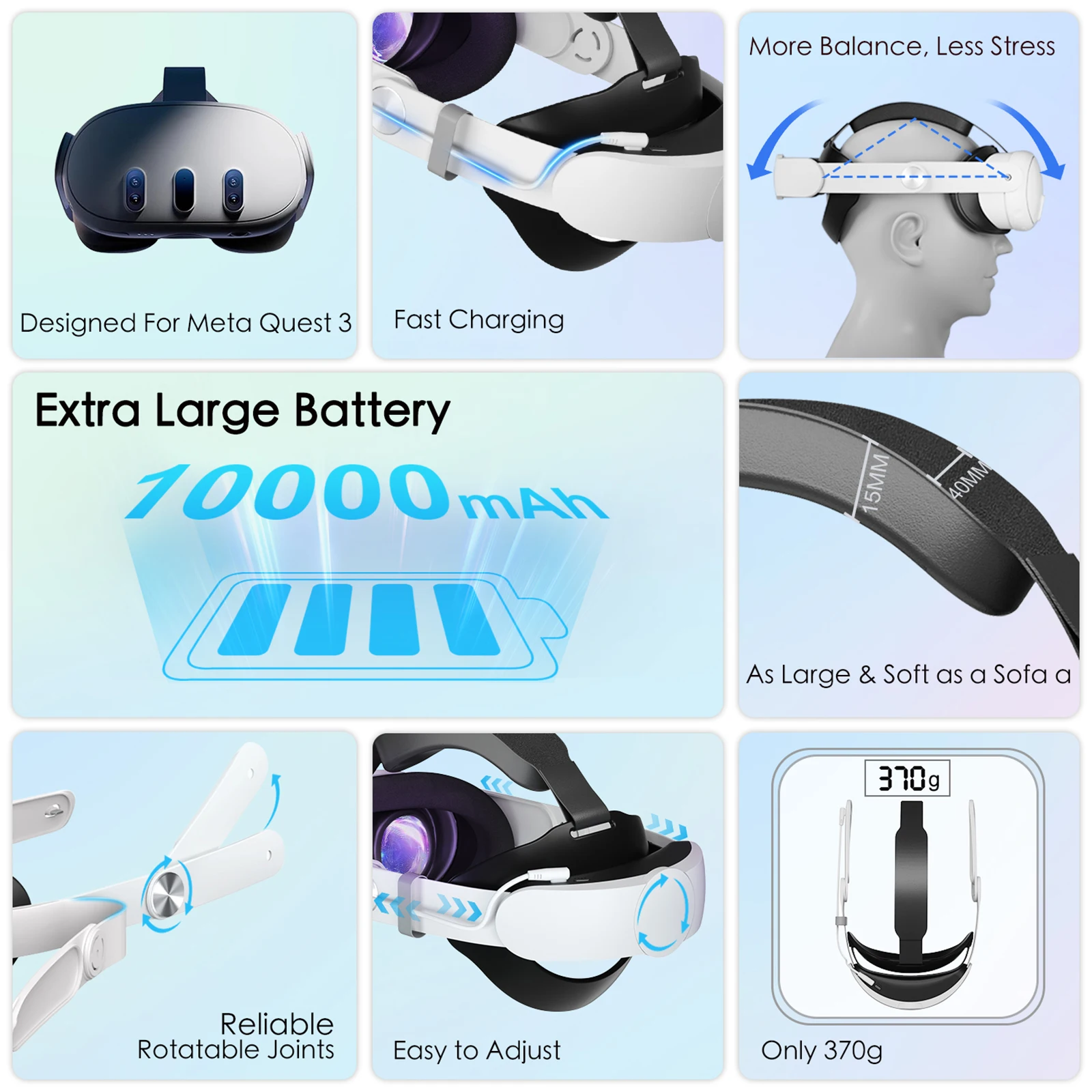 Kopfband mit 10000-mAh-Akku für Meta Quest 2/Quest 3/3S VR-Headset, Elite-Ersatzband für verbesserten Tragekomfort, 15/18-W-Schnellladung. – Detail 9