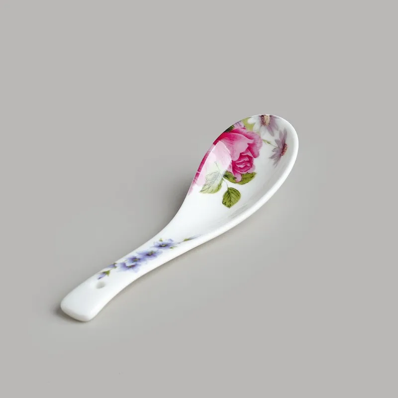 10pcs, bone china spoon set, rose blossom design, kitchen tableware, porcelain soup spoon, ceramic spoon catering, small scoop