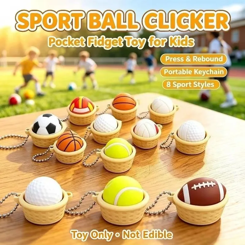 Basketball Football 3D Printed Fidget Keychain Clicker Button Sensory Toy Portable Stress Relief Fidget for All Ages