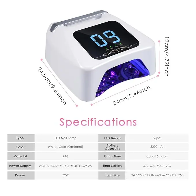 72W Smart UV LED Nail Lamp Quick Drying Gel Nail Dryer With 4 Timer Settings & IR Sensor 365nm Wavelength Gel Polish Gel Lamp