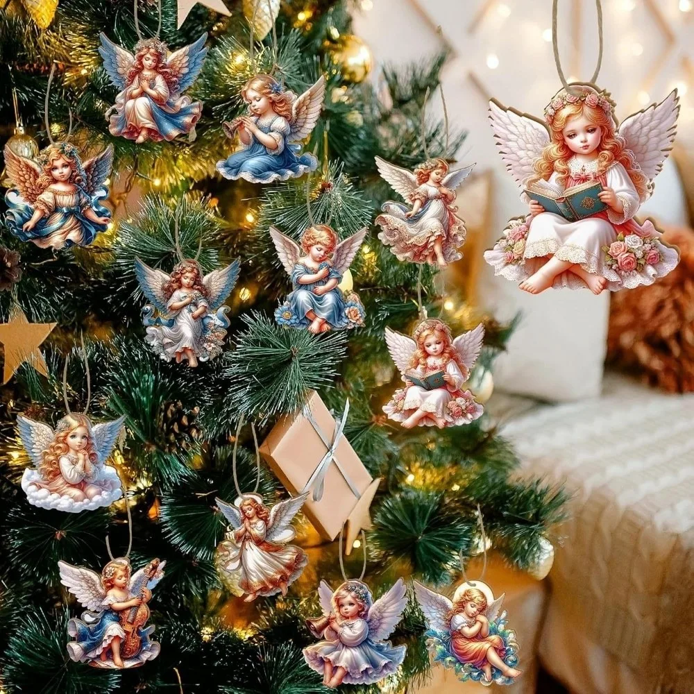 12 pcs Fantasy Wooden Christmas Tree Decor Colorful Design Ornaments Girl-Shaped Pendant 2D Flat Xmas Decor Xmas