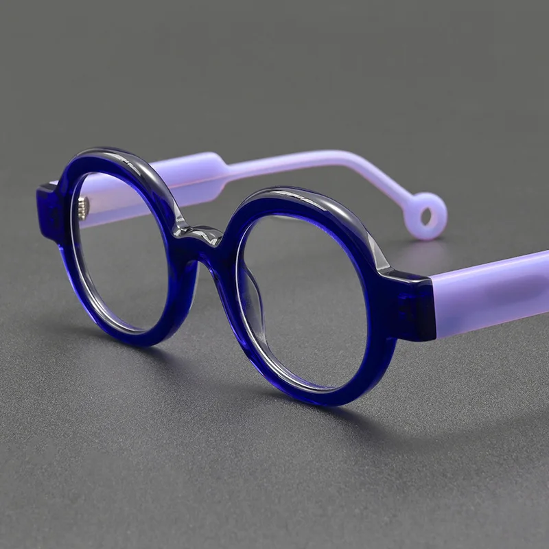 Fashionable and unique eyeglass frames with a retro and artistic style, targeting a niche market. Round, thick and sturdy frames
