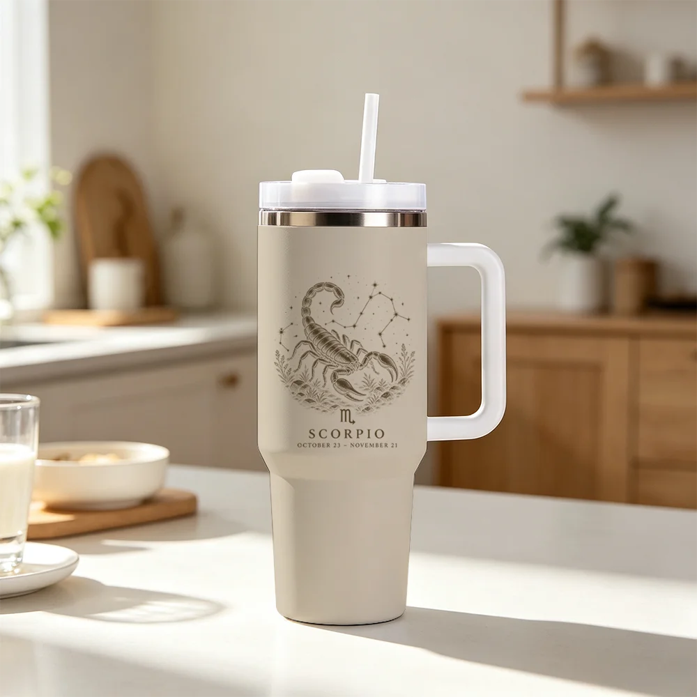 Scorpio Zodiac Sign Print Vacuum Flasks 40oz 1200ML Insulated Tumbler With Handle & Straw Double Wall Thermal Travel Coffee Mug