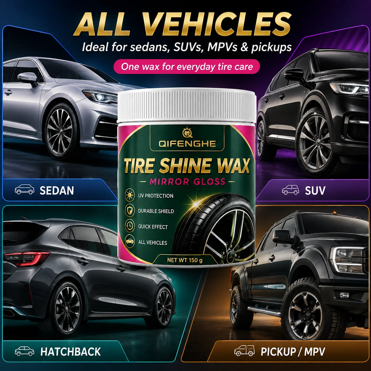 Instant Mirror Gloss Tire Shine Wax Professional UV Shield Dirt Repellent Renews Aging Rubber for All Vehicles