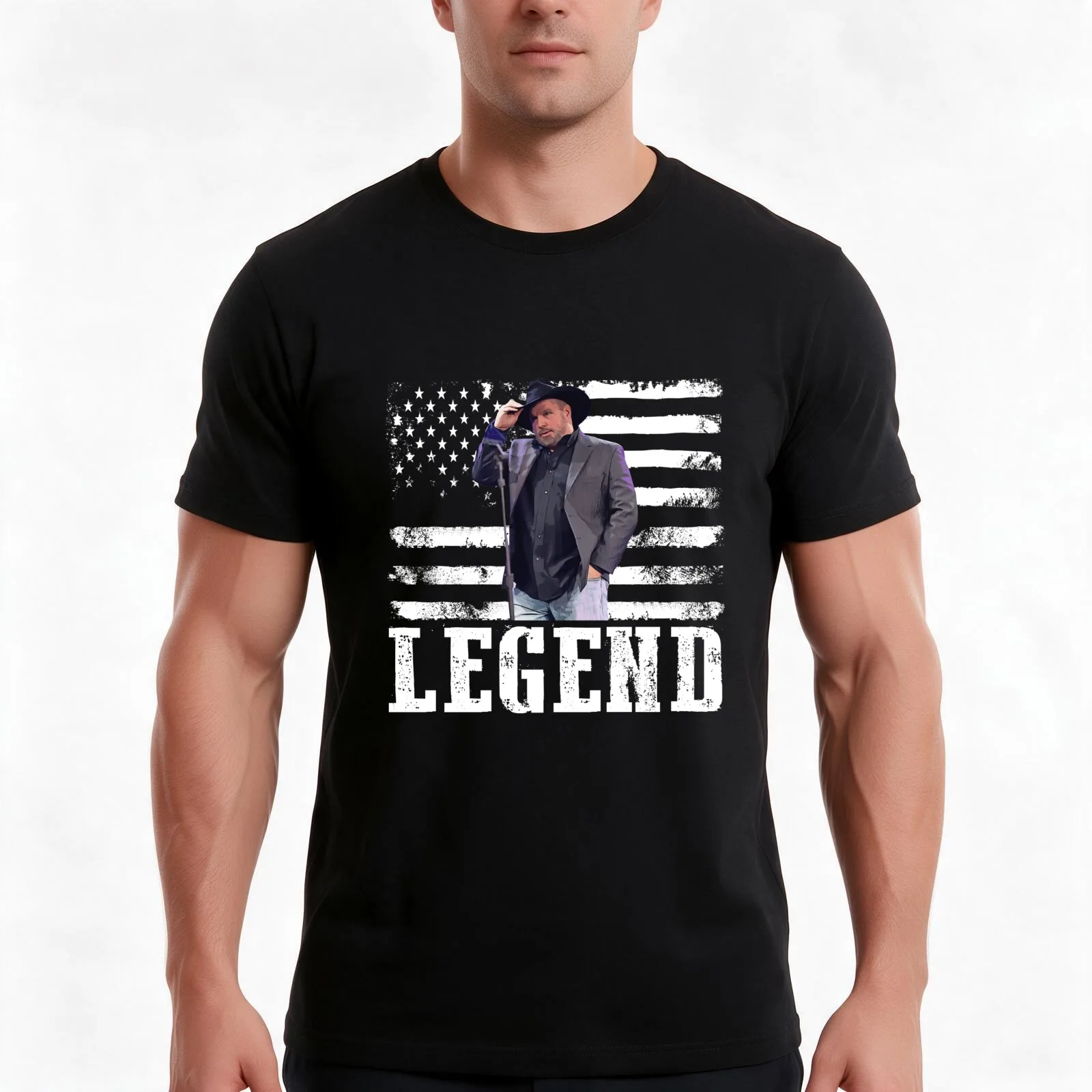 Distressed American Flag Music Garth Brooks Legend T-Shirt, Summer Casual Cotton Tee, Oversized Streetwear Tops, 100% Cotton