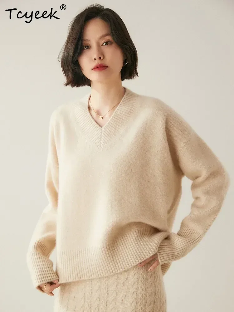 Luxury Autumn Winter Sweater 100% Cashmere Women's Sweater Pullover V-Neck Long Sleeve Clothes Soft Warm Knitted Classic Korean