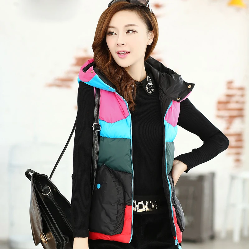 Women's Winter Stand Collar Sleeveless Hooded Vest Thick Warm Fashion Rainbow Cotton Jacket Lady-overcoat