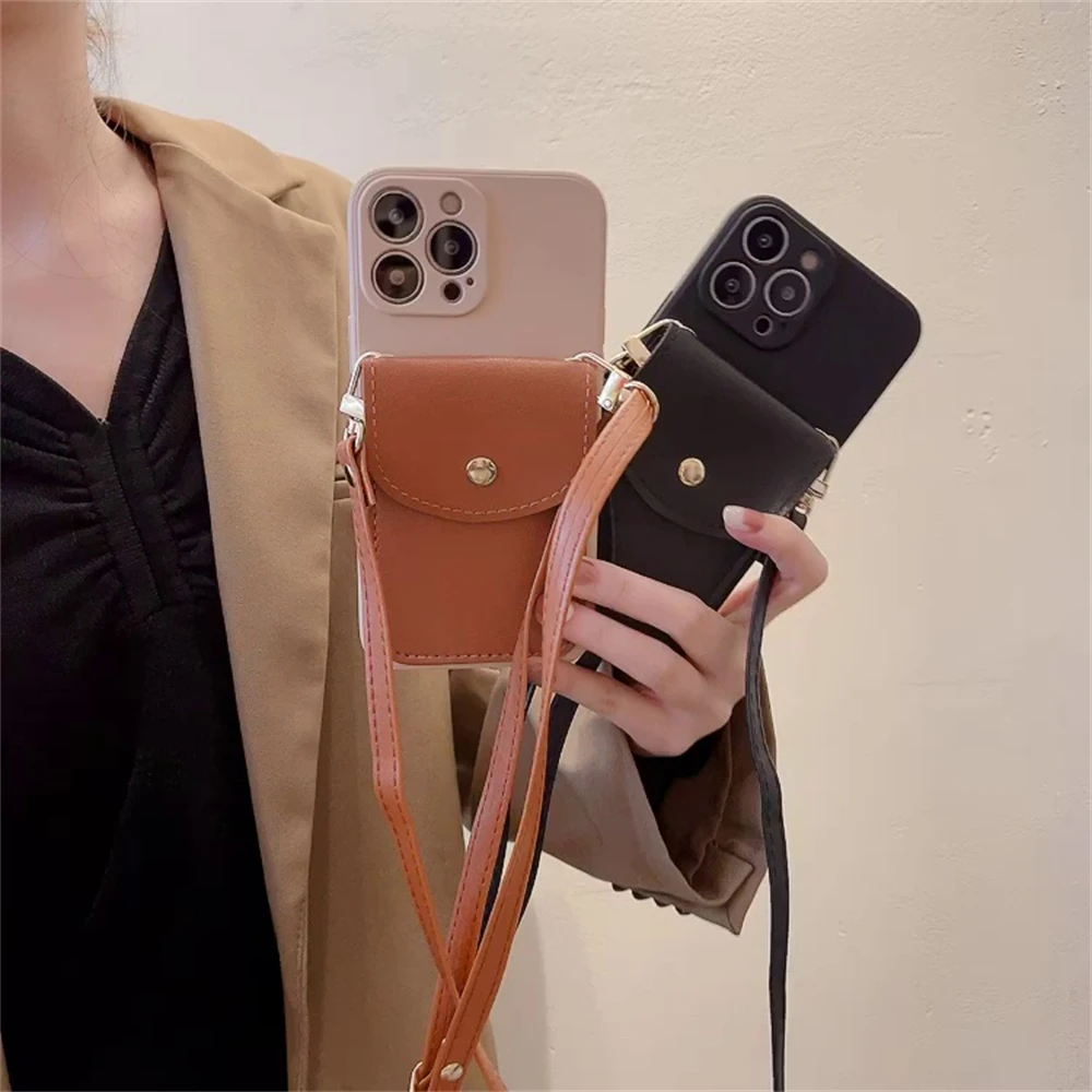 Crossbody Leather Wallet Card Holder Necklace Lanyard Case For iPhone 17 16 15 14 Pro Max 11 12 13 XR 7 Plus silicone Soft Cover