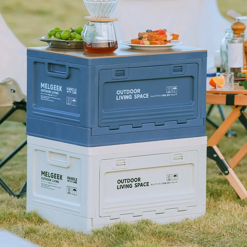 Outdoor Camping Folding Plastic Storage Bin Large Capacity Multifunction Wooden Lid Car Trunk Organizer Picnic Storage Box for T