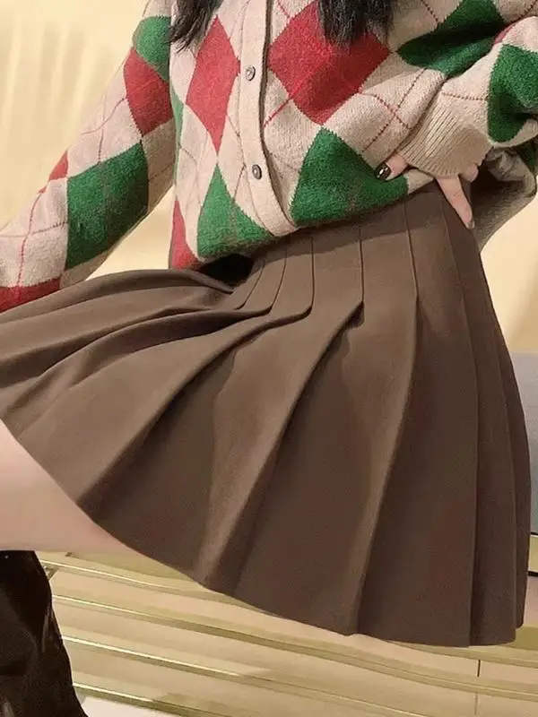 High Waist A-Line  Skirt for Women Short Pleated Woolen Skirt Autumn New Style Khaki Brown Student Commute Korean Version