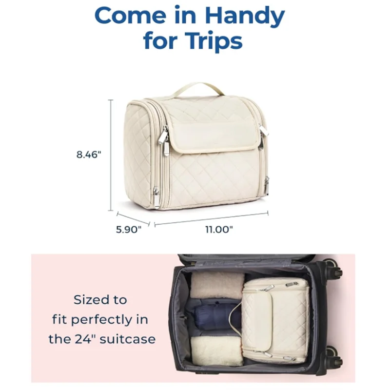 حقيبة مستحضرات التجميل ذات سعة كبيرة من TEXU مع خطاف للسفر، حقيبة تنظيم المكياج المعلقة باللون الأبيض الكريمي #6