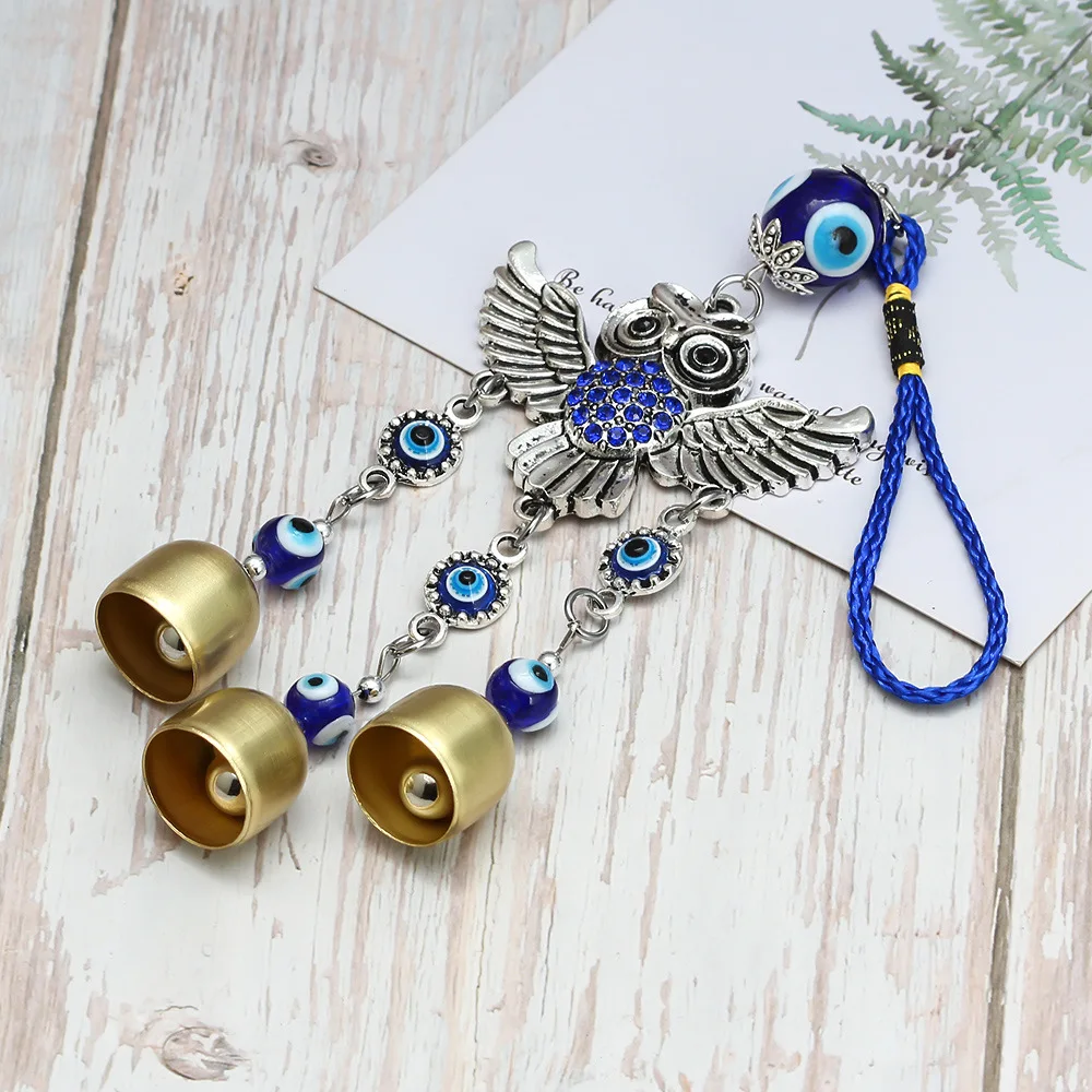 Retro Owl Nazar Boncuğu Blue Eye Sound Bells Metal Car Pendant Lucky Amulet Feng Shui Courtyard Balcony Charm Hanging Ornament