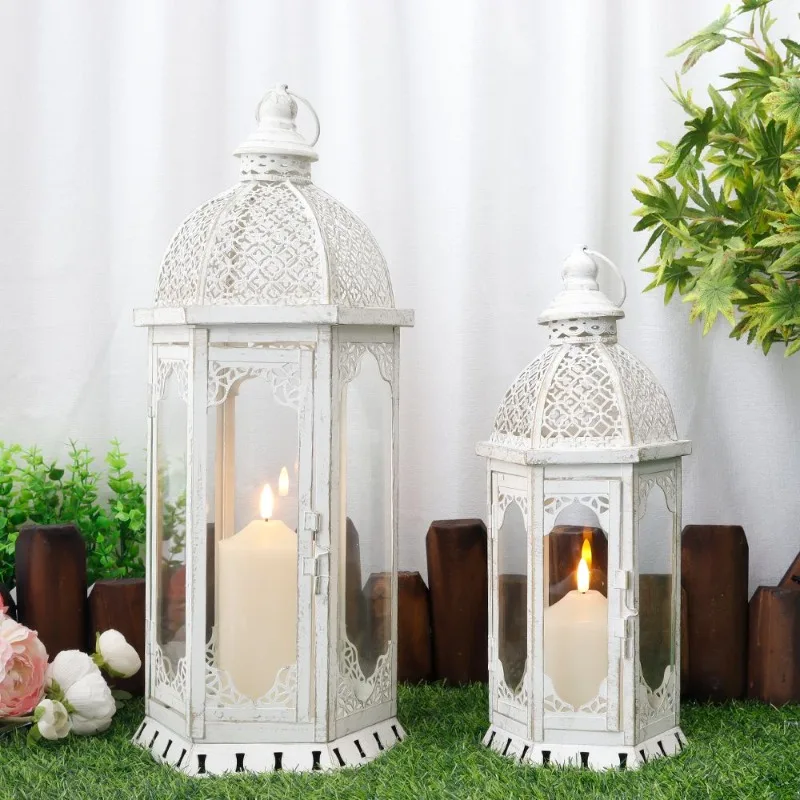 Moroccan wind lantern hollow candlestick romantic wedding ornament, furniture wedding road guide pastoral horse lamp white
