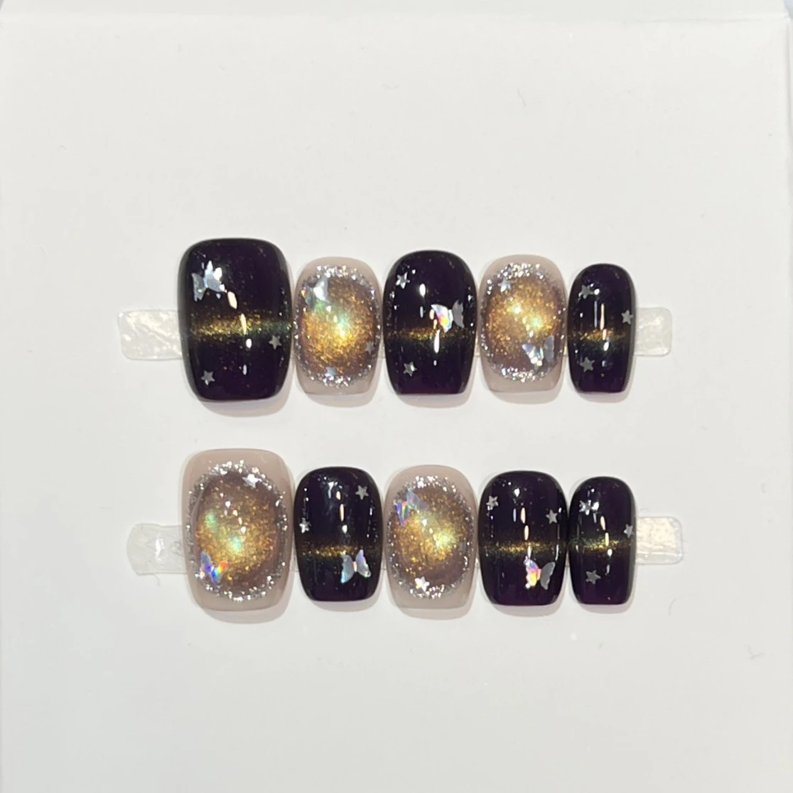 

10Pcs Golden Cat Eye Handmade Press on Nails Butterfly Pattern Fake Nails Wearable Stick-on Nails False Nail Накладные Ногти 네일팁