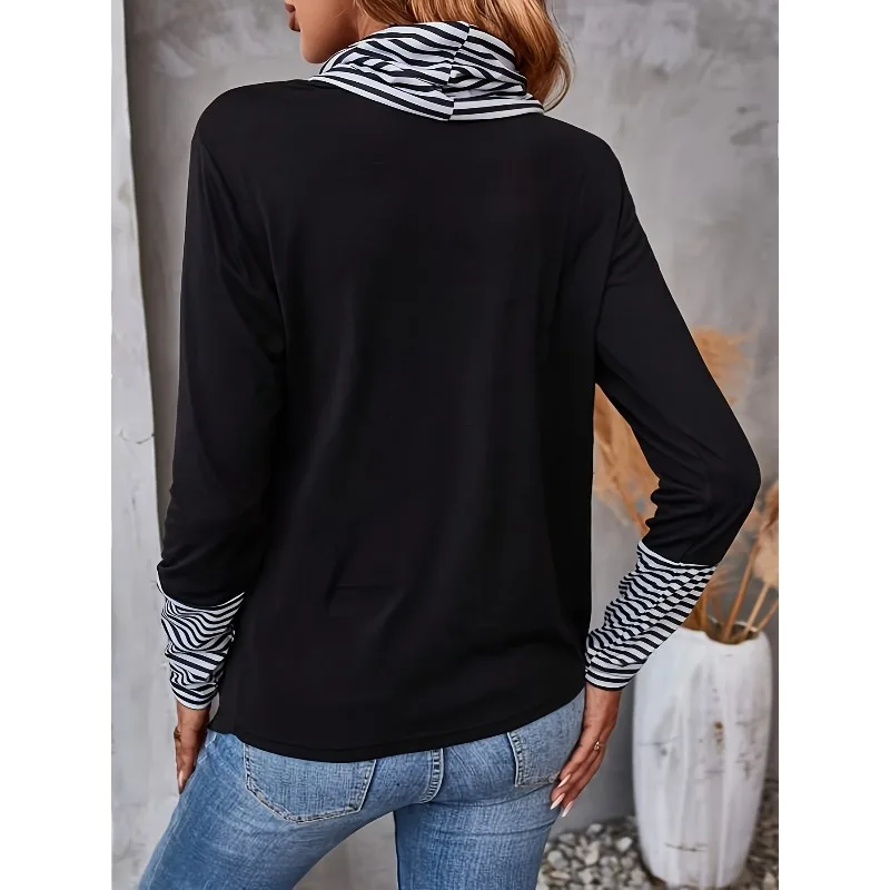 เสื้อยืดผู้หญิงไซส์ใหญ่ 1XL-5XL รุ่นใหม่ คอเต่า แขนยาว ตัดสี แฟชั่นถักนิตติ้ง เสื้อยืดผู้หญิง