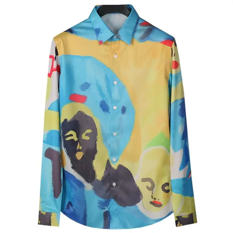 Artistic Printed Silk Shirt for Men High-end Long Sleeve Casual Business Dress Shirts Luxury Social Banquet Party Shirt 2024