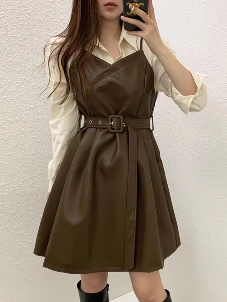 Chic automne Vintage col en cuir PU ort Dr femmes taille haute faux deux pièces conception minceur Patchwork Dr